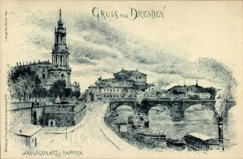 Künstler Ak Dresden Altstadt, Landungsplatz, Dampfer, Kirche, Brücke