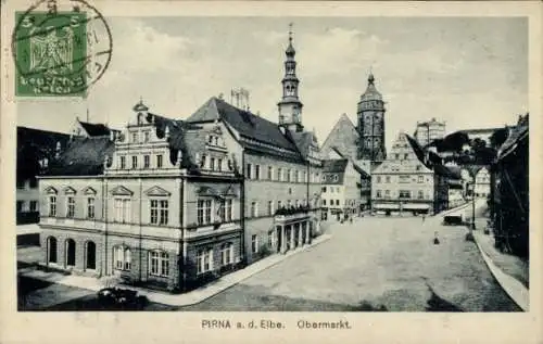 Ak Pirna an der Elbe, Historische Häuser, Obermarkt, Turm, Poststempel