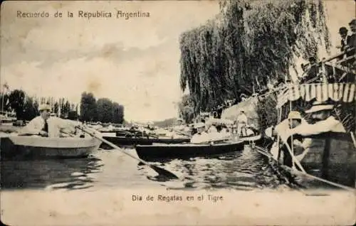 Ak Tigre Argentinien, Bild von Regatten, Boote, Fluss, Bäume, Menschen in Booten, nostalgische...