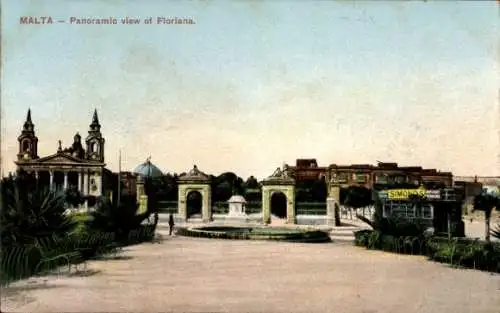 Ak Floriana Malta, Panoramablick auf Floriana, Gebäude, Springbrunnen, begrüntes Gelände