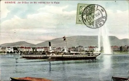 Ak Genève Genf Schweiz, Jet d'Eau, 90 Meter hoher Wasserstrahl, Schiff auf dem Wasser, Berge i...