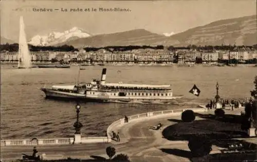 Ak Genf Stadt Schweiz, Vorderseite: Genfersee, Mont Blanc, Dampfschiff, Stadtansicht