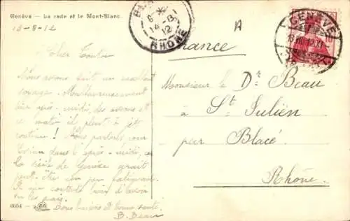 Ak Genf Stadt Schweiz, Vorderseite: Genfersee, Mont Blanc, Dampfschiff, Stadtansicht