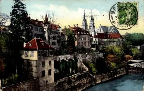 Ak Basel Stadt Schweiz, Münster, Deutschrittergarten, Fluss, historische Gebäude, farbige Ansicht