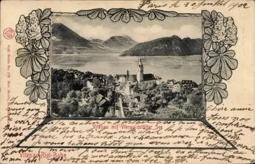 Ak Vitznau Kanton Luzern, Vitznau mit Vierwaldstätter See, Berge, Kirche, Postkartenansicht