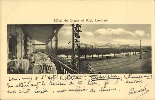 Ak Lucerne Luzern Stadt Schweiz, Hôtel du Cygne et Rigi, Restaurant-Terrasse, Blick auf die Berge