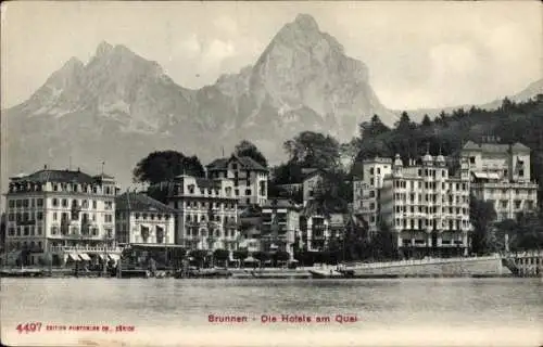 Ak Brunnen Kt Schwyz, Hotels am Quai, Berge im Hintergrund