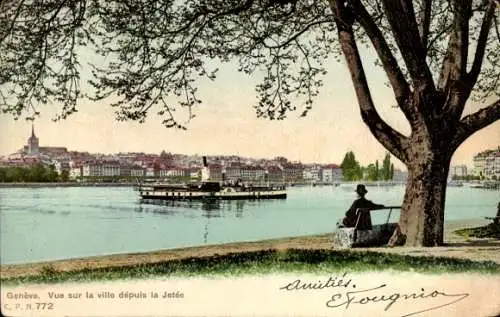 Ak Genf Stadt Schweiz, Blick auf Genf vom Wasser, Boot auf dem See, Baum im Vordergrund