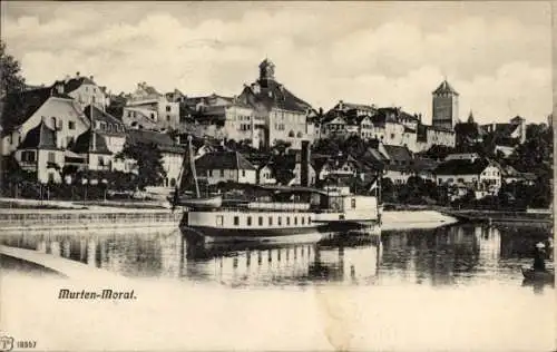 Ak Morat Murten Kanton Freiburg, Stadtblick, Dampfer