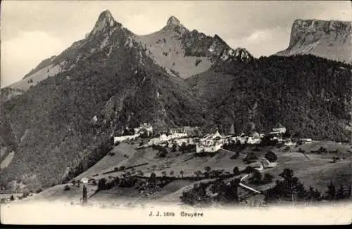 Ak Broc Gruyère Kanton Freiburg, Berglandschaft, Dorf  historische Architektur