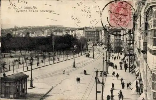 Ak La Coruña Galicien, Schwarz-Weiß-Bild, Avenida de los Cantones, Straßenbahn, Architektur