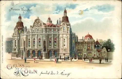 Ak Köln am Rhein, Neues Theater, farbige Illustration, Menschen, Stadtansicht