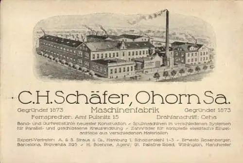 Ak Ohorn in Sachsen, C.H.Schäfer Maschinenfabrik, gegründet 1873, Maschinenbau, Spulmaschinen, Ex