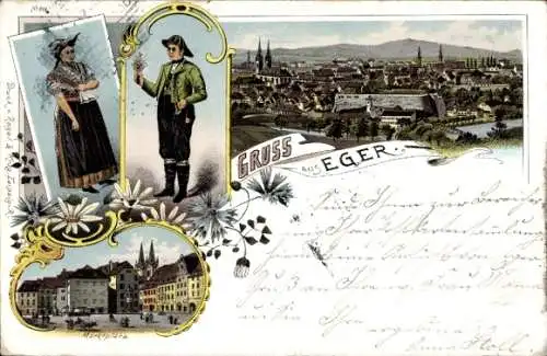 Litho Cheb Eger Region Karlsbad, Panorama, Marktplatz, Trachten