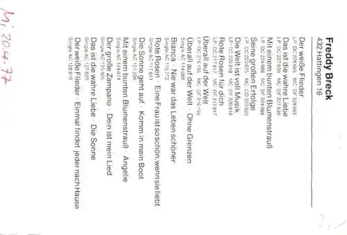 Ak Sänger Freddy Breck, Portrait, Autogramm, BASF, Cornet