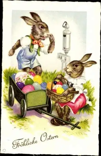 Ak Glückwunsch Ostern, Vermenschlichte Hasen mit Ostereiern