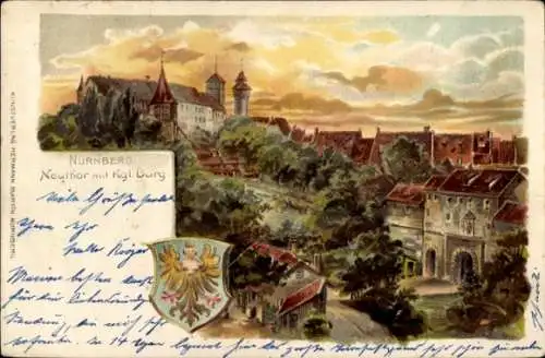 Litho Nürnberg, Neuthor mit Kgl. Burg, Wappen