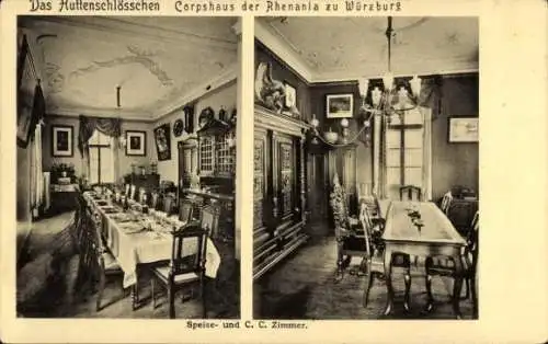 Studentika Ak Würzburg, Corps Rhenania, Huttenschlösschen, Corpshaus, Speise- und CC-Zimmer
