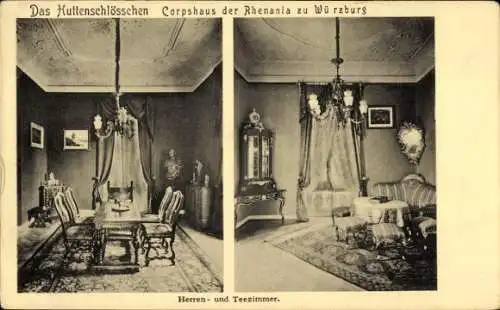 Studentika Ak Würzburg, Corps Rhenania, Huttenschlösschen, Corpshaus, Herren- und Tee-Zimmer