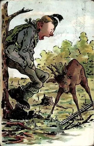 Künstler Ak Hirsch bedroht Jäger