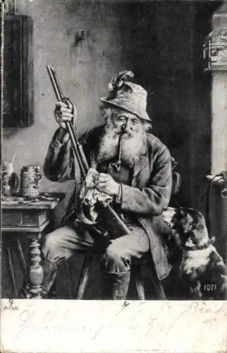 Ak Jäger reinigt sein Gewehr, Jagdhund, Pfeife
