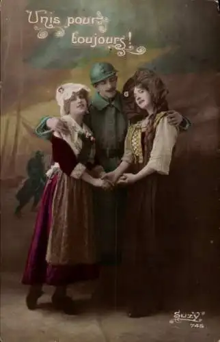 Ak Französischer Soldat, Frauen in Volkstrachten, Soldatenliebe