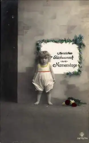 Ak Glückwunsch Namenstag, Kind, Blumen