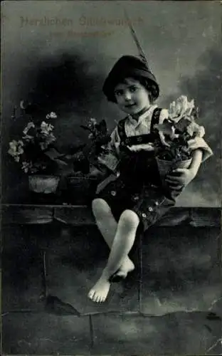 Ak Glückwunsch Namenstag, Kind in Tracht, Blumen