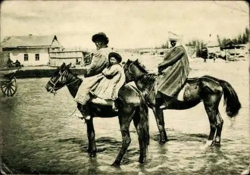 Ak Asien, Asiatische Tracht, Familie zu Pferden