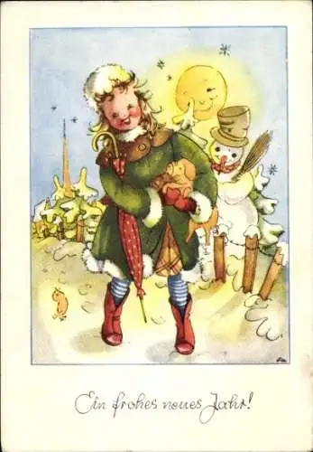 Künstler Ak Glückwunsch Neujahr, Mädchen, Schneemann
