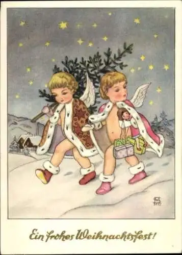 Ak Glückwunsch Weihnachten, Engel im Schnee, Geschenke, Tannenbaum, Sterne