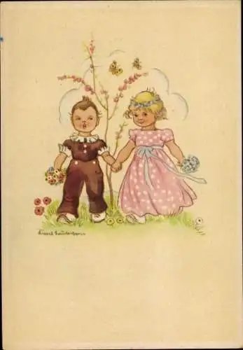 Künstler Ak Liebespaar mit Blumensträußen