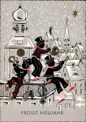 Ak Glückwunsch Neujahr, Schornsteinfeger musizieren, Glockenturm
