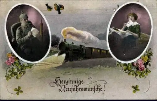 Ak Herzinnige Neujahrswünsche, Ehefrau mit Brief dem Manne im Krieg gesandt, Lokomotive, Klee