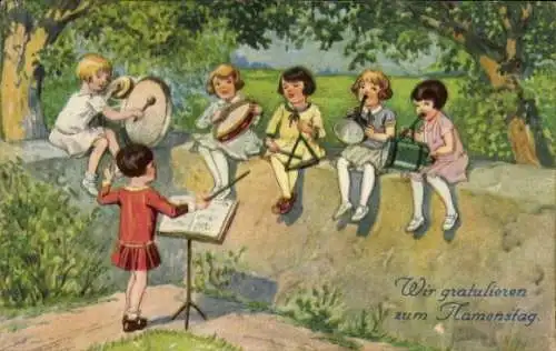 Ak Glückwunsch zum Namenstag, musizierende Kinder