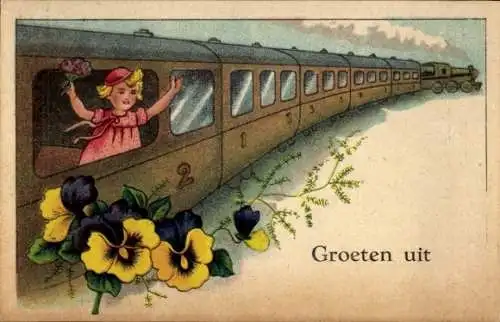 Ak Liebe Grüße, Lok in Fahrt, Stiefmütterchen, winkendes Mädchen