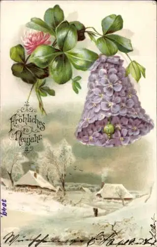 Litho Glückwunsch Neujahr, Glocke, Glücksklee