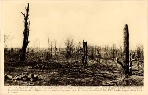 Ak Bois des Caures Meuse, Schlachtfeld mit toten Soldaten, Lieutenant-Colonel Driant liegt ver...