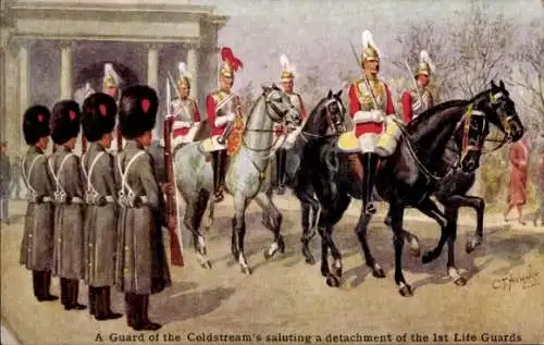 Ak London City England, Eine Abteilung der Coldstream Guards salutiert einer Abteilung der 1st...