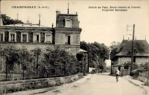 Ak Champrosay Essonne, Einfahrt zum Land, Straße von Draveil. Eigentum Marchand.