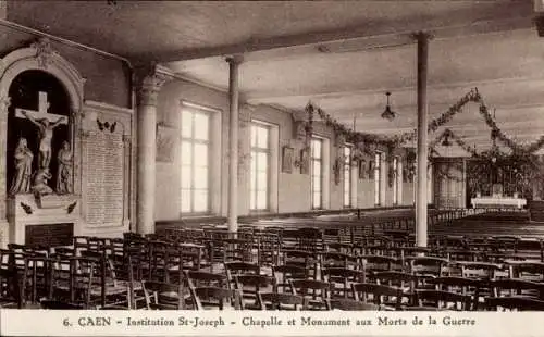 CPA Caen Calvados, Institution St-Joseph, Chapelle, Monument aux Morts de la Guerre