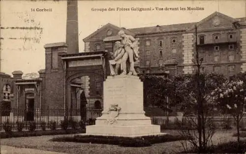Ak Corbeil Essonne, Standbild der Brüder Galignani vor der Mühle