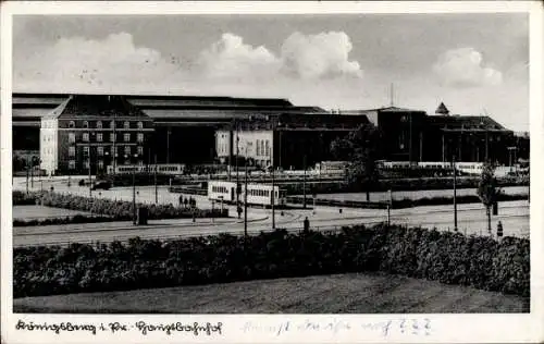 Ak Kaliningrad Königsberg Ostpreußen, Hauptbahnhof, Vorplatz, Straßenbahnen