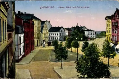 Ak Dortmund, Hoher Wall und Körnerplatz, Geschäfte, Bäume, Littfaßsäule