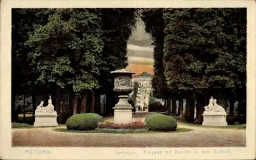 Ak Potsdam Sanssouci,  Sanssouci Eingang, Durchblick zum Schloss