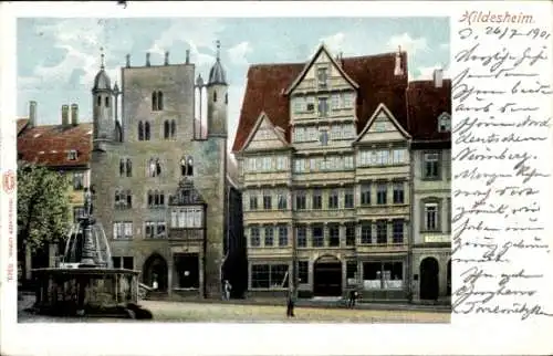 Ak Hildesheim in Niedersachsen, Wedekindhaus, Tempelherrenhaus, Brunnen