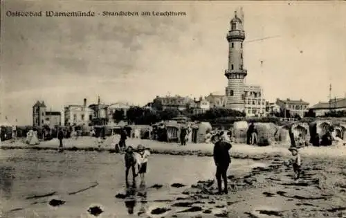 Ak Ostseebad Warnemünde Rostock, Leuchtturm, Strand, Strandkörbe, Badegäste