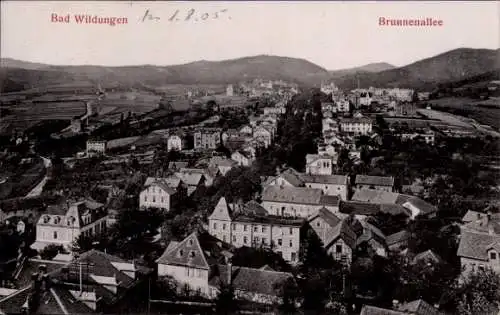 Ak Bad Wildungen in Hessen, Landschaftsaufnahme, Brunnenallee, Häuser, Berge im Hintergrund