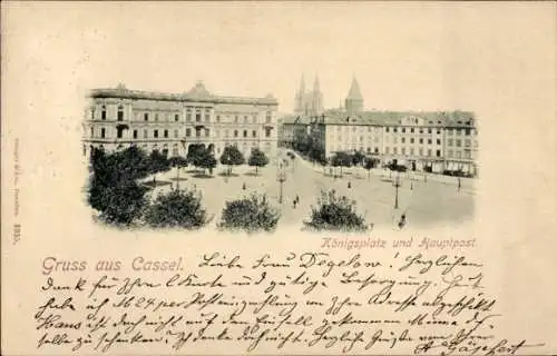 Ak Kassel in Hessen, Königsplatz, Vogelschau, Hauptpost, Kirche, Turm