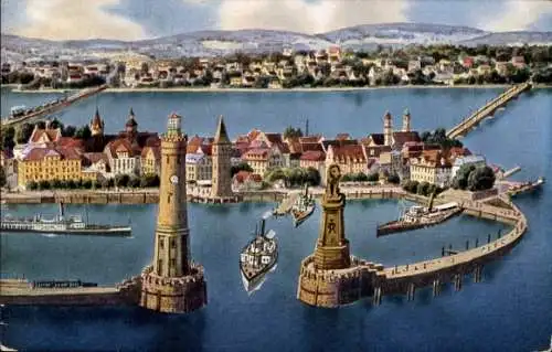 Ak Lindau am Bodensee Schwaben, Landschaftsaufnahme, Hafen, Leuchtturm, Statue, Boote